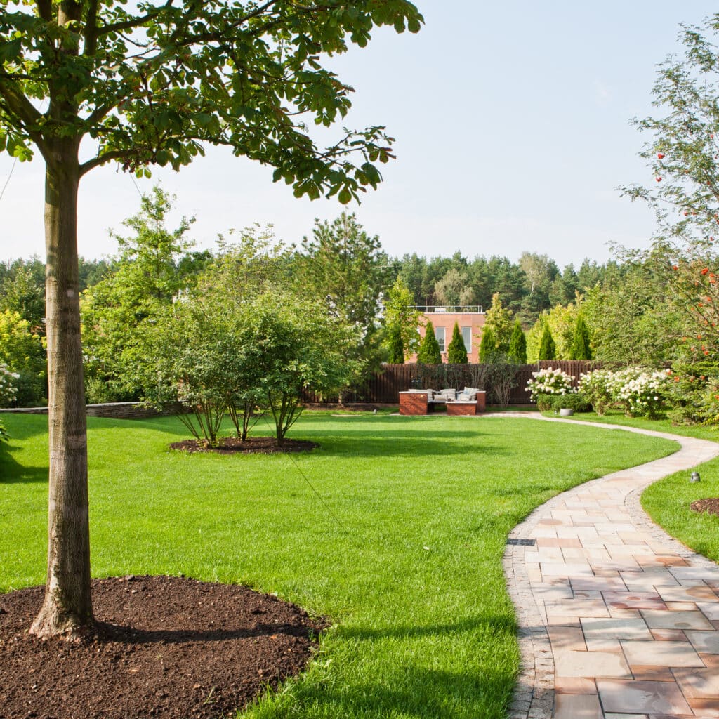 Jardin Paysager avec Chemin en Pierre et Pelouse Verte Jardin paysager avec une pelouse verte, un chemin sinueux en pierre naturelle et des arbres sous un ciel clair.