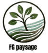 Logo FG paysage : arbre stylisé et collines ondulées vertes dans un cercle sur fond noir.
