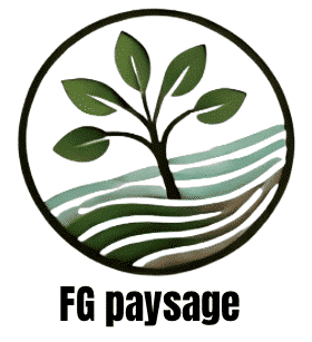 FG Paysage : Aménagement de Jardin et Logo Paysagiste Logo FG paysage : arbre stylisé et collines ondulées vertes dans un cercle sur fond noir.